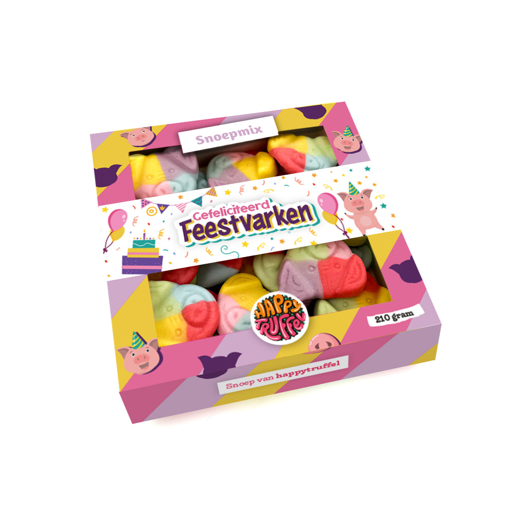 Snoeppakket “Gefeliciteerd Feestvarken” Biggetjes snoep (210 gram)