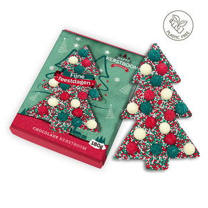 Chocolade kerstboom "Fijne feestdagen" (190 gram) [Plasticvrij]