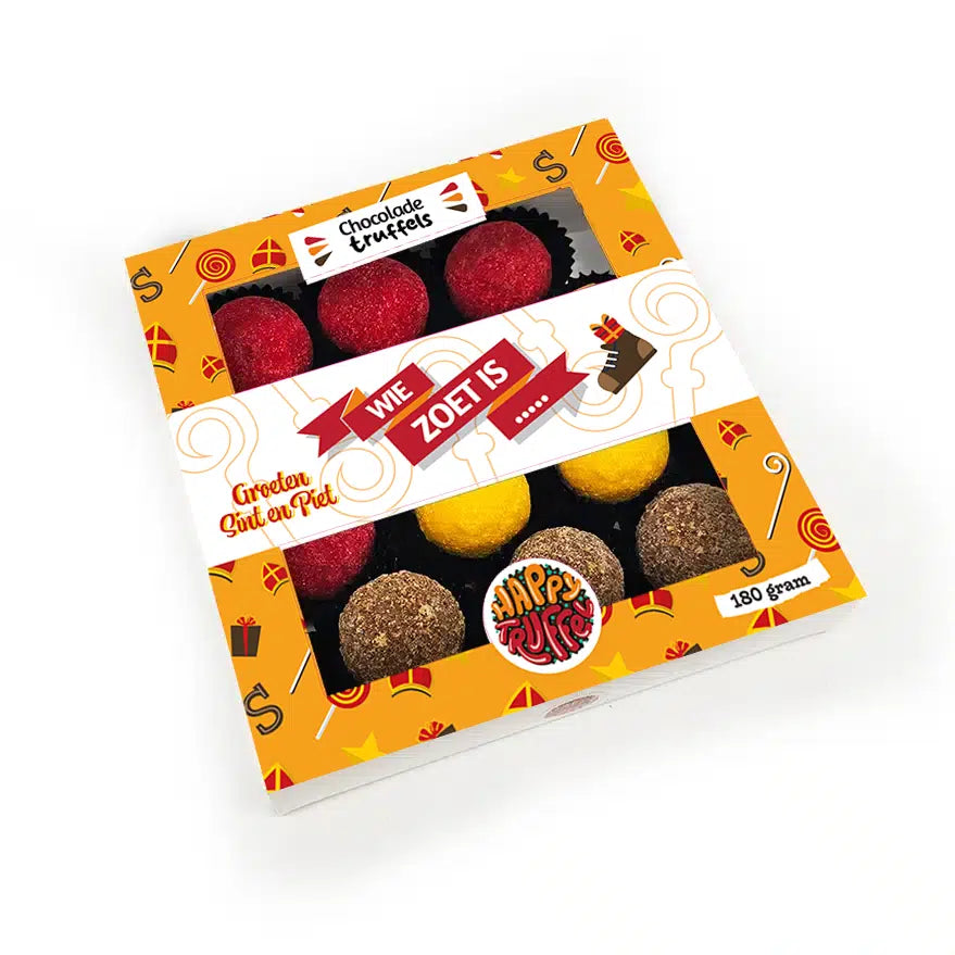 Chocoladetruffels – “Wie zoet is..” Sint mix (12 truffels) 200 gram